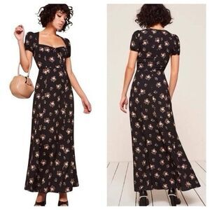 NWT Reformation Rosetti Maxi Dress Black Floral Square Neck Short Sleeve Size 4